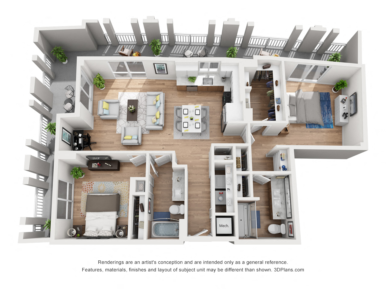 Floor plan for 2 beds, 2 baths, 1342 sqft